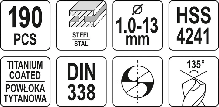 Zestaw wierteł tytanowych do metalu YATO HSS 4241 1-13 mm 190 szt (YT-44677) - obraz 3