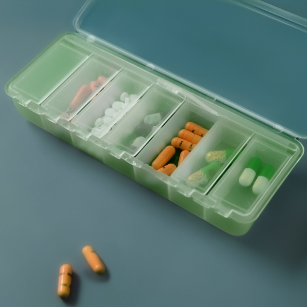 Органайзер для таблеток на 7 отделений MVM 15.8x6.2x2.7 см Прозрачный/Зеленый - изображение 2