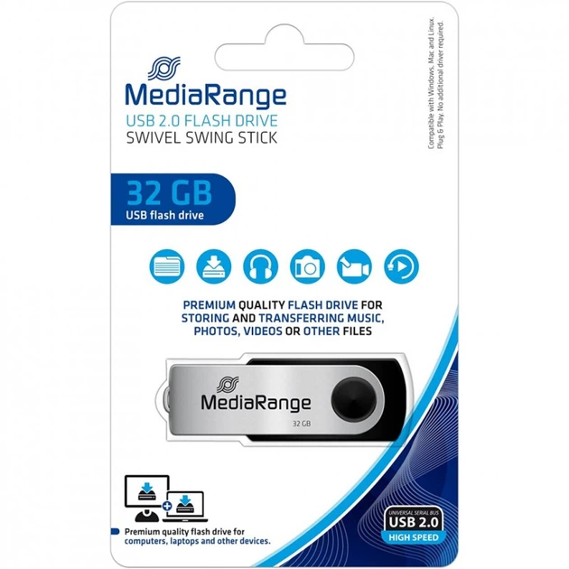 USB флеш накопичувач Mediarange 32GB Black/Silver USB 2.0 (MR911) - Фото 3 USB флеш накопичувач Mediarange 32GB Black/Silver USB 2.0 (MR911) - зображення 3