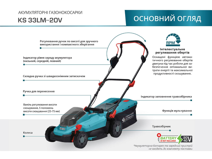 Газонокосилка аккумуляторная Konner&Sohnen KS 33LM-20V (без АКБ и ЗУ) - изображение 2