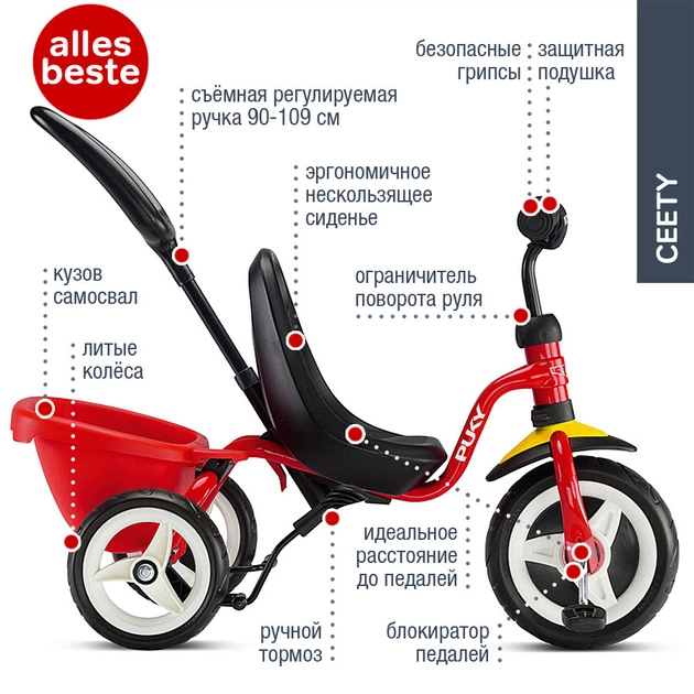 Трехколесный велосипед Puky CEETY red, с родительской ручкой
