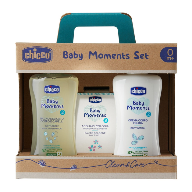 Набір Chicco Baby Moments засіб для ванни 200 мл + Бальзам для тіла 200 мл + туалетна вода 100 мл (8058664138869) - зображення 1