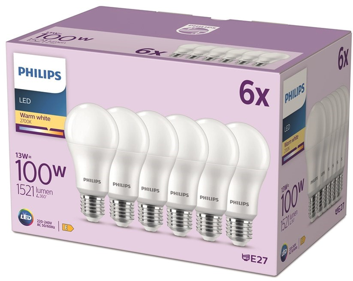 Набір світлодіодних ламп Philips A67 E27 13W 6 шт Warm White (8719514451414) - зображення 1