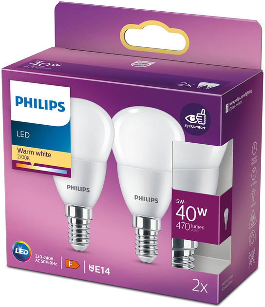 Набір світлодіодних ламп Philips P45 E14 5W 2 шт Warm White (8719514310094) - зображення 2