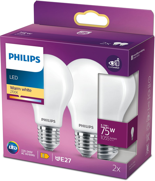 Набір світлодіодних ламп Philips Classic A60 E27 8.5W 2 шт Warm White (8718699763633) - зображення 1