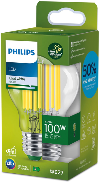 Żarówka LED Philips UltraEfficient A60 E27 7.3W Cool White Filament (8720169188051) - obraz 1