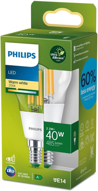 Żarówka LED Philips UltraEfficient P45 E14 2.3W Warm White (8720169188174) - obraz 1