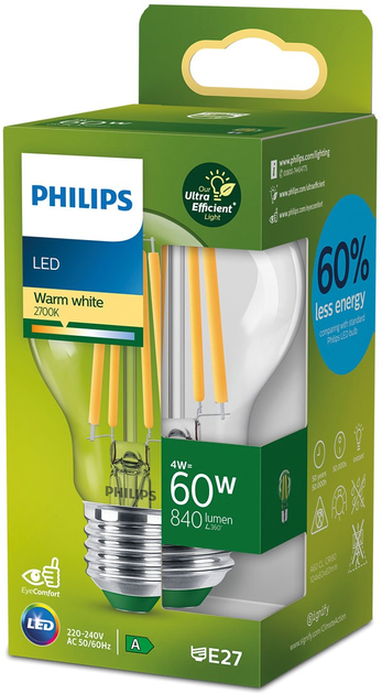 Світлодіодна лампа Philips UltraEfficient A60 E27 4W Warm White Filament (8720169187658) - зображення 1