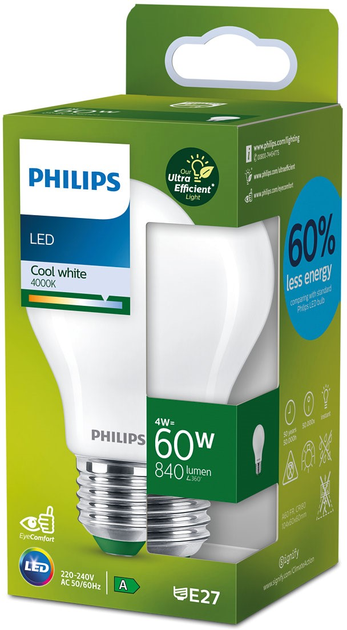 Żarówka LED Philips UltraEfficient A60 E27 4W Cool White (8720169187771) - obraz 1