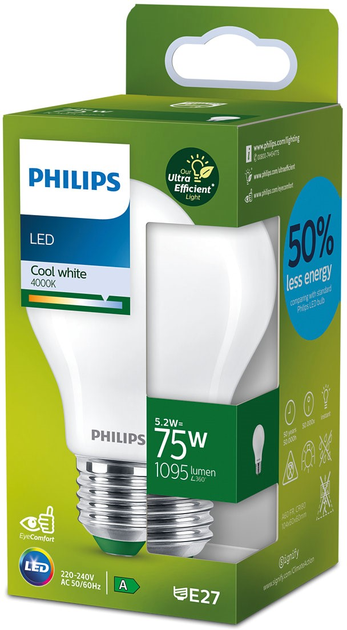 Світлодіодна лампа Philips UltraEfficient A60 E27 5.2W Cool White (8720169187931) - зображення 1