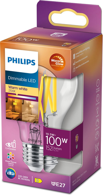 Żarówka LED Philips WarmGlowDim Classic A60 E27 10.5W Warm White Filament (8719514324077) - obraz 1