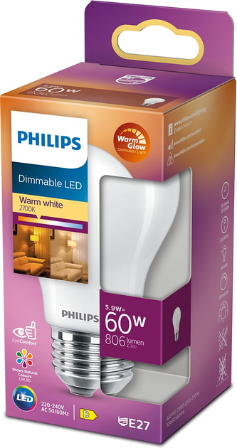 Żarówka LED Philips WarmGlowDim Classic A60 E27 5.9W Warm White (8719514323858) - obraz 1