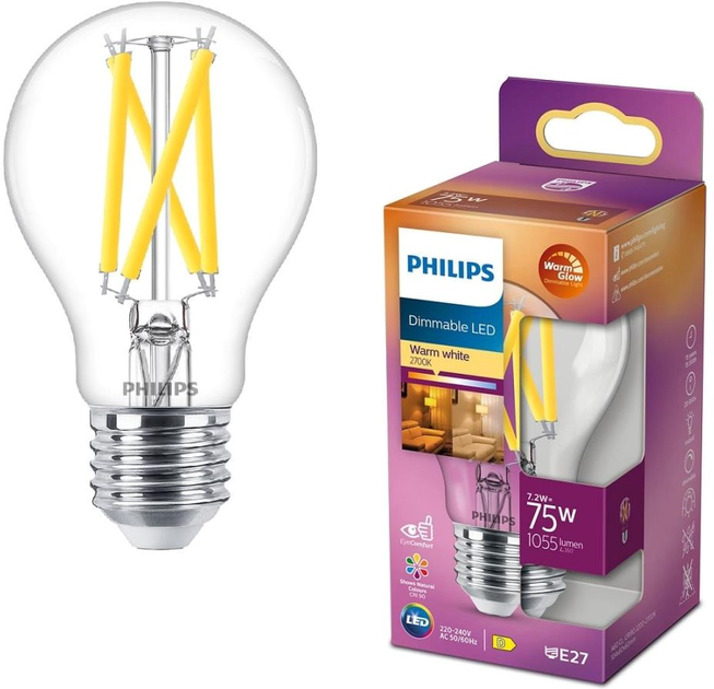 Żarówka LED Philips WarmGlowDim Classic A60 E27 7.2W Warm White Filament (8719514323995) - obraz 1