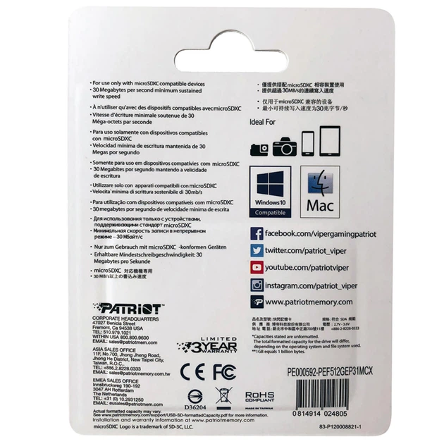 Карта памяти Patriot EP Series microSDXC 512GB (UHS-I U3) W-80 MB/s, R-90 MB/s Class 10 A1 (PEF512GEP31MCX) + SD Adapter - изображение 4