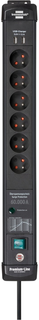 Listwa przeciwprzepięciowa Brennenstuhl Premium Line 6 gniazd - 2 x USB Type-A 3 m Black (4007123674077) - obraz 1