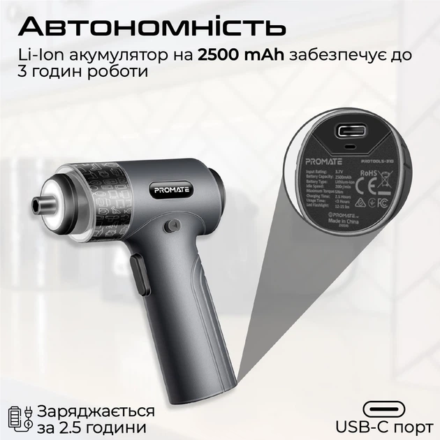 Электроотвертка аккумуляторная Promate ProTools-31G Gray - изображение 3