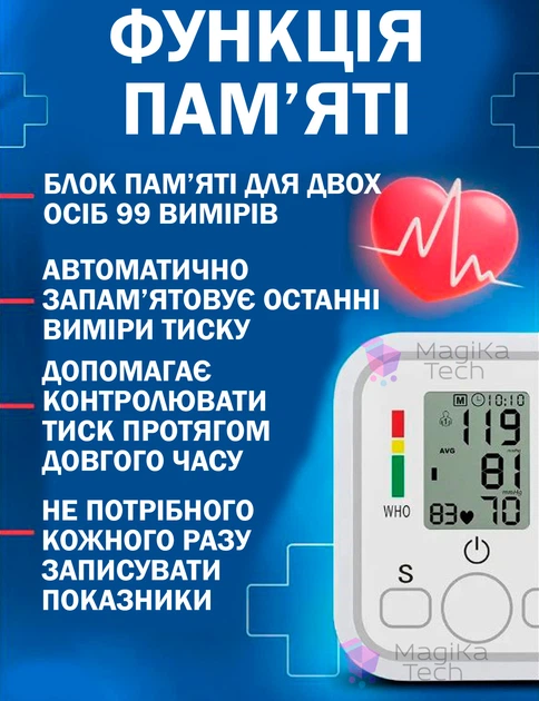 Тонометр Автоматический Белый Цифровой Аккумуляторный Портативный с Led экраном - изображение 3