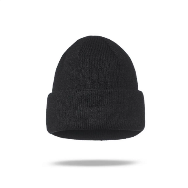 Двойная черная вязаная шапка с отворотом утепленная - изображение 1