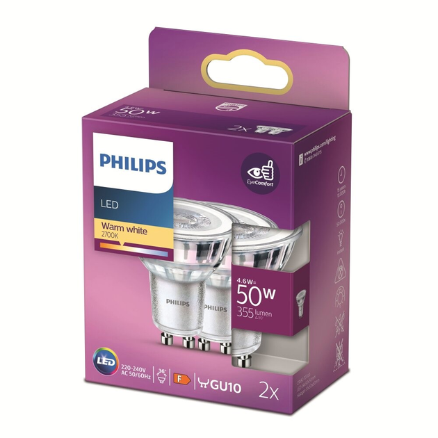 Набор светодиодных ламп Philips Classic GU10 4.6W 2 шт Warm White ...