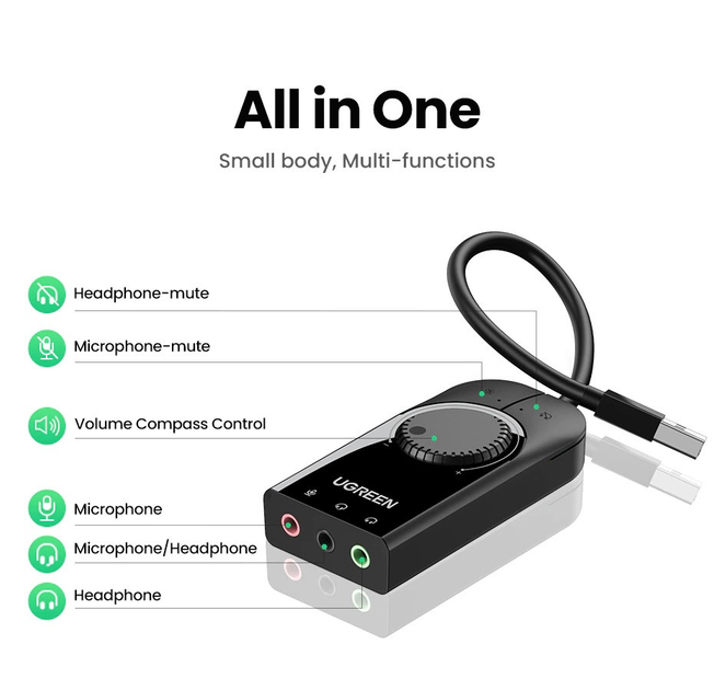Внешняя звуковая карта Ugreen CM129 USB 2.0 с регулятором громкости, 15cm - изображение 2
