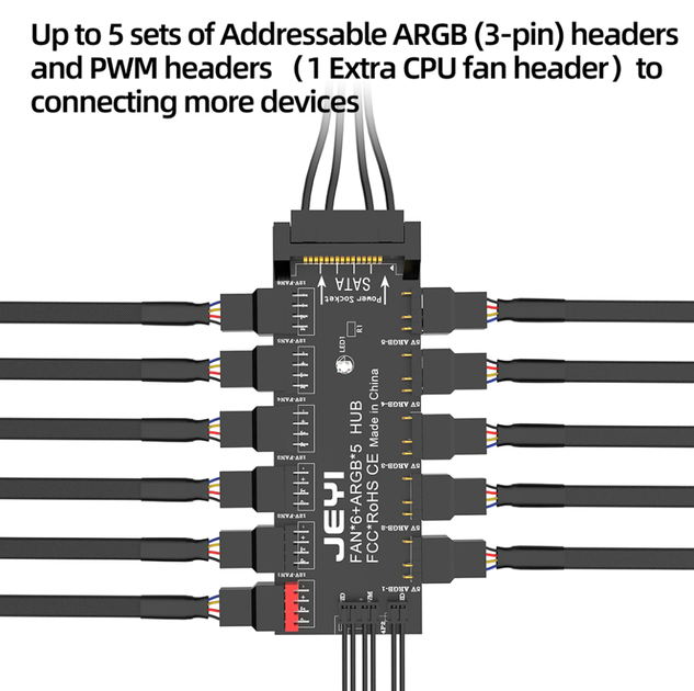 PWM-контролер JEYI для вентиляторів 4pin та ARGB-підсвітки 3pin хаб живлення (6xFan&5xARGB HUB) - зображення 4