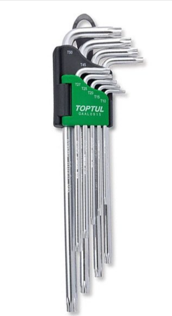 Набір Г-образних ключів TORX T10-T50 9од. супердл. з отвором TOPTUL GAAL0915 - Фото 1 Набір Г-образних ключів TORX T10-T50 9од. супердл. з отвором TOPTUL GAAL0915 - зображення 1