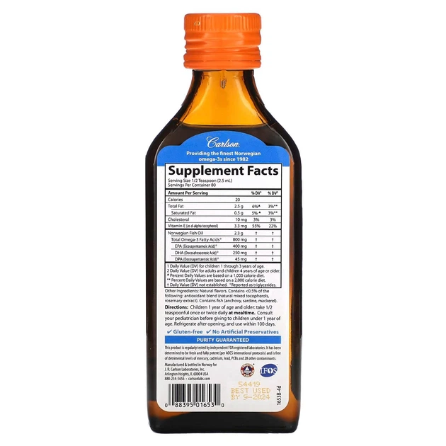 Риб'ячий жир для дітей 800 мг, Fish Oil, Carlson Labs, норвезький, апельсин, 200 мл (CAR-01653) - зображення 2