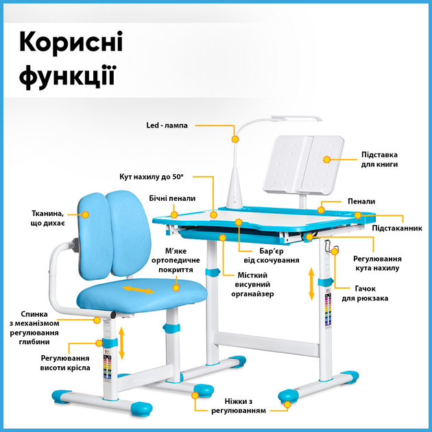 Комплект мебели Evo-Kids Стол + стул + полка + лампа (BD-23 BL) - изображение 2