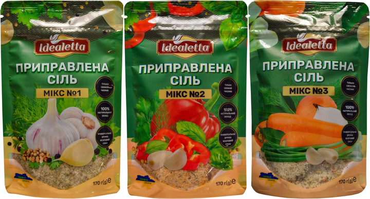 Набор приправленной соли Idealetta со специями Микс 1 170 г + Микс 2 170 г + Микс 3 170 г (4820217170992) - изображение 1