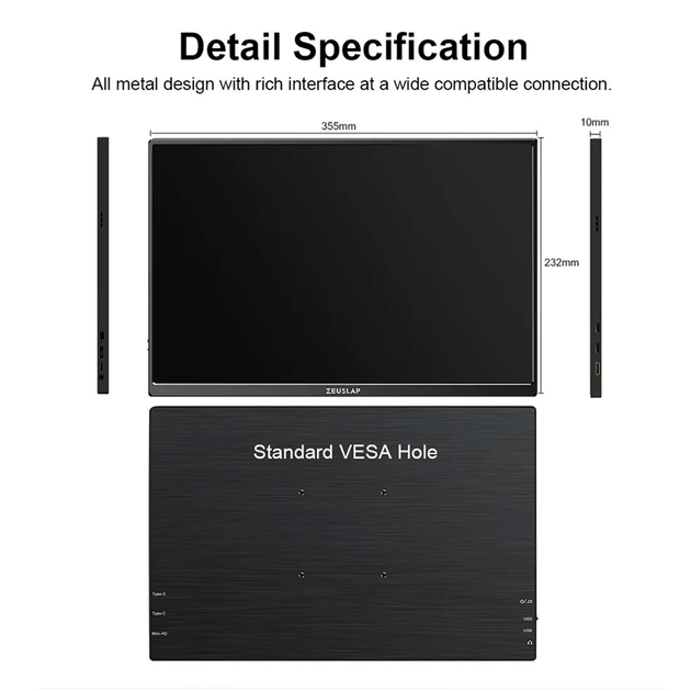 Портативный монитор ZEUSLAP Z16 Lite 16 дюймов Full HD 1920X1200 Черный (1013-936-00) - изображение 2