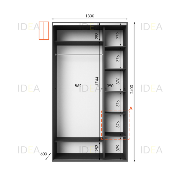 Шафа-купе IDEA серія 1 130 x 60 x 240 см Антрацит Дзеркало - зображення 2