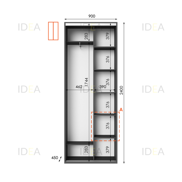 Шафа-купе IDEA серія 10 90 x 45 x 240 см Антрацит Дзеркало - зображення 2