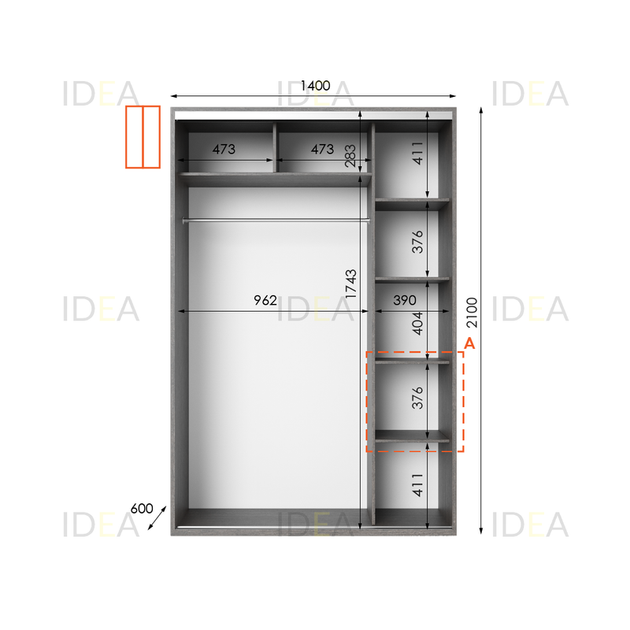 Шафа-купе IDEA серія 5 140 x 60 x 210 см Венге темний Дзеркало - изображение 2
