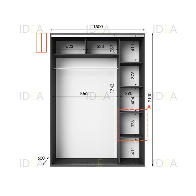 Шафа-купе IDEA серія 5 150 x 60 x 210 см Антрацит Дзеркало - изображение 2