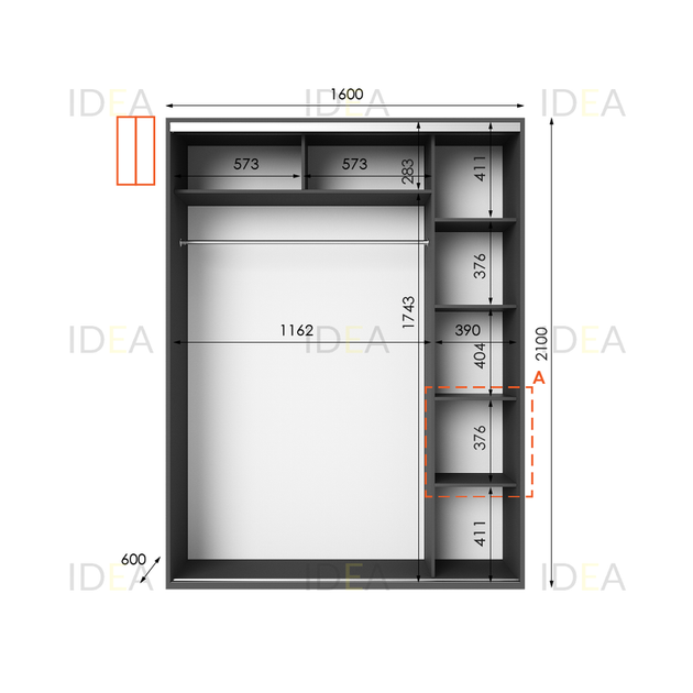 Шафа-купе IDEA серія 5 160 x 60 x 210 см Антрацит Дзеркало - изображение 2