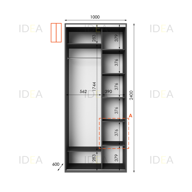 Шафа-купе IDEA серія 1 100 x 60 x 240 см Антрацит Дзеркало - изображение 2