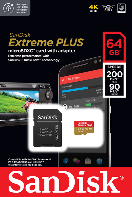Karta pamięci SanDisk Extreme PLUS microSDXC 64GB Class 10 V30 + adapter SD (SDSQXBU-064G-GN6MA) - obraz 2