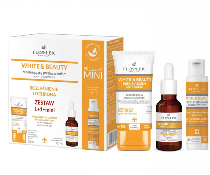 Zestaw do pielęgnacji twarzy Floslek White Beauty Brightening and protection Krem do twarzy 30 ml + Peeling do twarzy 30 ml + Tonik do twarzy 50 ml (5905043023687) - obraz 2