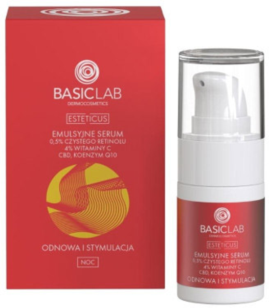 Emulsyjne serum do twarzy BasicLab Esteticus z 0,5% czystym retinolem, 4% witaminą C, CBD i koenzymem Q10 15 ml (5904639170330) - obraz 1