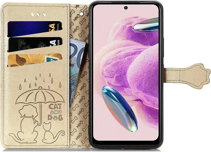 Чехол Embossed Cat and Dog для Xiaomi Redmi Note 12S книжка кожа PU с визитницей золотистый - изображение 3