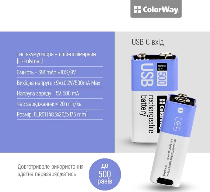 Аккумуляторная батарея ColorWay Крона USB-С 390 мАЧ 9В (Li-Polymer) (CW-UB9V-06) - изображение 6