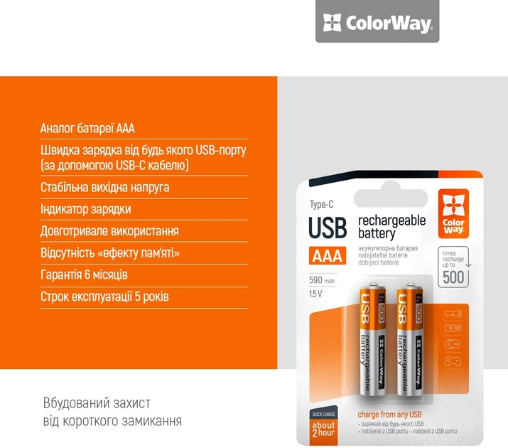 Аккумуляторная батарея ColorWay AAA USB-С 590 мАЧ 1.5В (Li-Polymer) (2pc.) (CW-UBAAA-09) - изображение 9