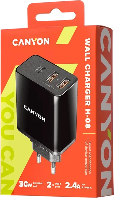 Ładowarka sieciowa Canyon H-08 PD 30W USB-C + 2 x USB-A Black (CNE-CHA08B) - obraz 2