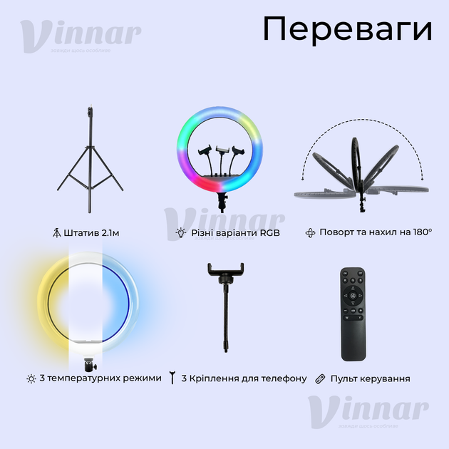 Мощная кольцевая лампа HQ-21N Led 52 см 72W с держателями и штативом на 2.1 м (1301-1) - изображение 3