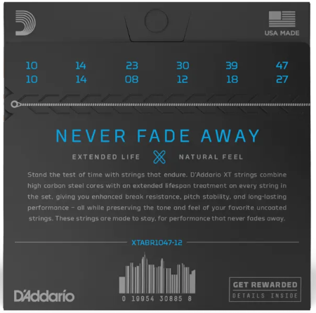 Струны для акустической гитары D'Addario XTABR1047-12 XT 80/20 Bronze Extra Light 10/47 - изображение 2