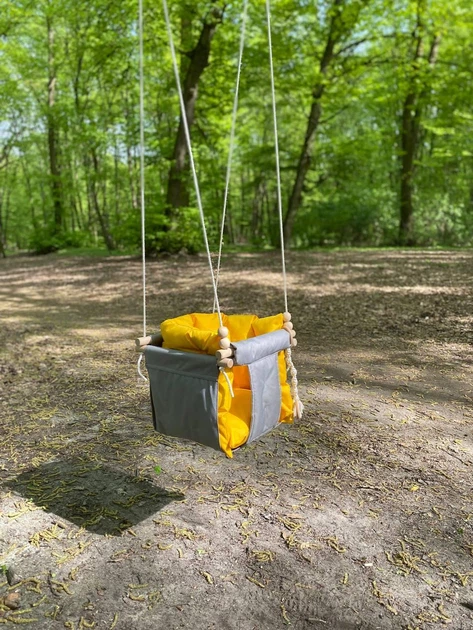Підвісна Водостійка тканинна дитяча гойдалка Comfort + Сіра з Жовтими подушкою та матрасиком - зображення 3