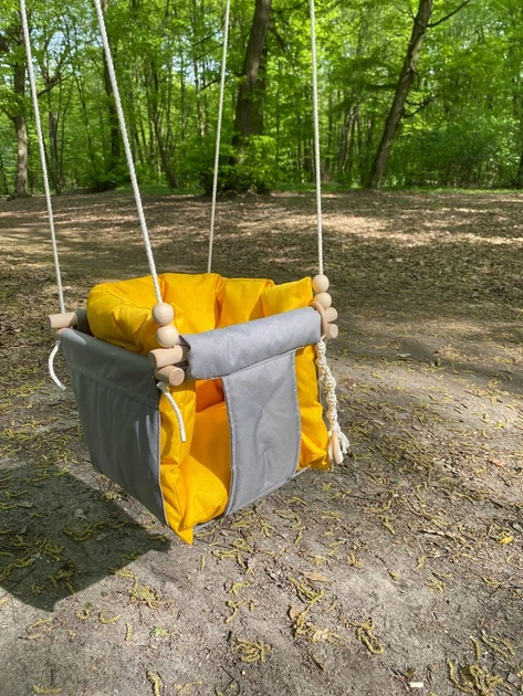 Підвісна Водостійка тканинна дитяча гойдалка Comfort + Сіра з Жовтими подушкою та матрасиком - зображення 8