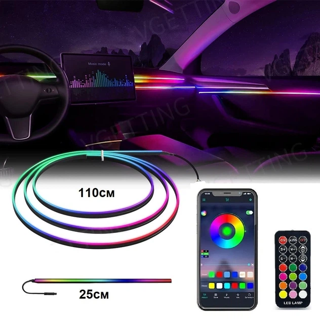Подсветка салона авто Ambient Rgb 110+25см, светодиодная Bluetooth лента торпеды 12в многоцветная с пультом от USB - Фото 1 Подсветка салона авто Ambient Rgb 110+25см, светодиодная Bluetooth лента торпеды 12в многоцветная с пультом от USB - изображение 1