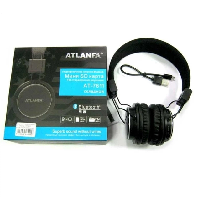 Беспроводные стерео наушники Atlanfa с гарнитурой MP3 и FM Bluetooth AT-7611А Черные - Фото 1 Беспроводные стерео наушники Atlanfa с гарнитурой MP3 и FM Bluetooth AT-7611А Черные - изображение 1