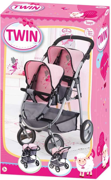 Wózek dla lalek Bayer Twin Szaro-różowa (4003336265088) - obraz 1